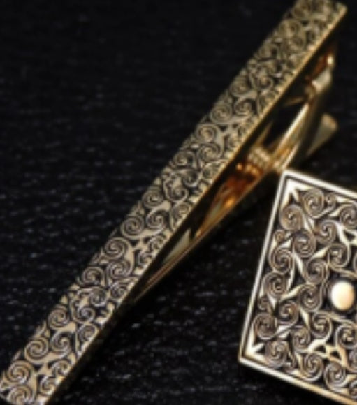 Carved Rose Flower Cufflinks Tie Clip Set