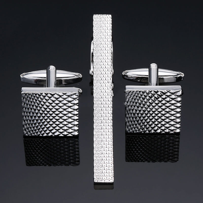 Silver Square Engraved Tie Clip Cufflinks Set