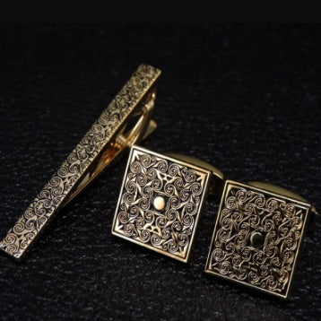 Carved Rose Flower Cufflinks Tie Clip Set