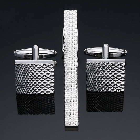 Silver Square Engraved Tie Clip Cufflinks Set