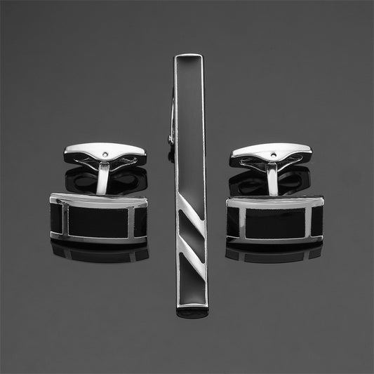 Black Enamel Silver Diagonal Striped Tie Clip Cufflinks Set