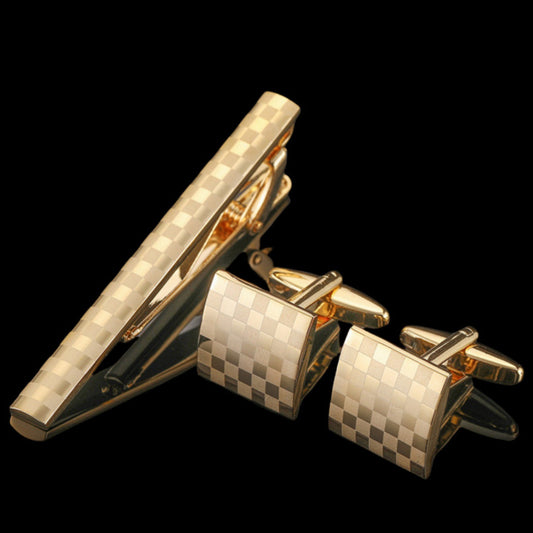 Plaid Tie Clip Cufflinks Set