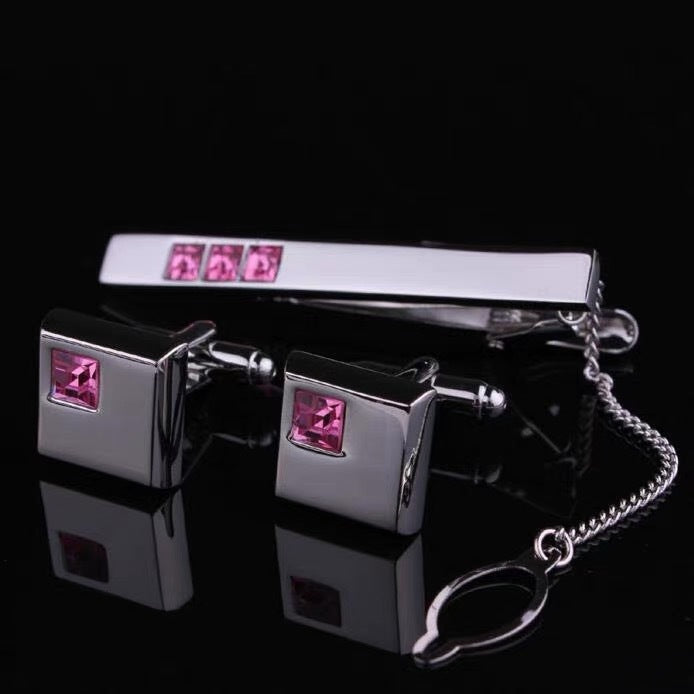 Rhinestone-Encrusted Silver Cufflinks Tie Clip 3 Pieces Set