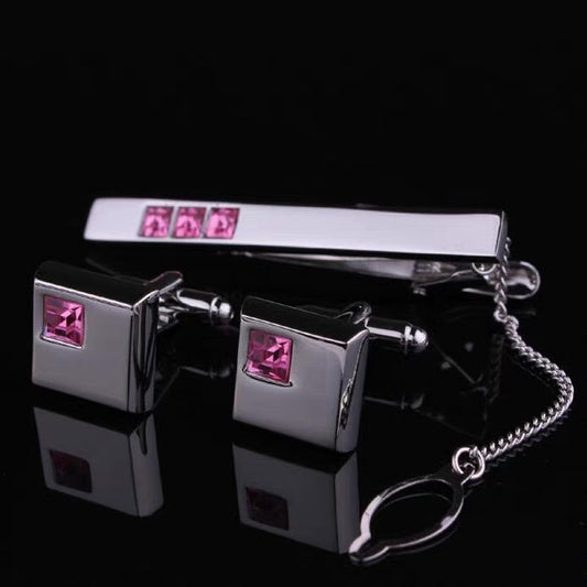 Rhinestone-Encrusted Silver Cufflinks Tie Clip 3 Pieces Set