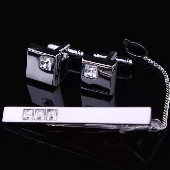 Rhinestone-Encrusted Silver Cufflinks Tie Clip 3 Pieces Set