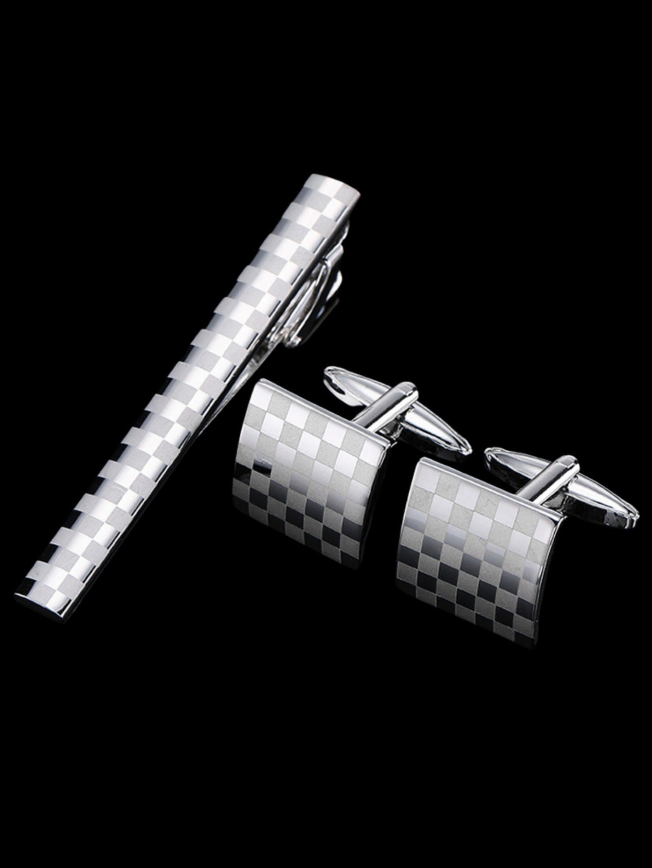 Plaid Tie Clip Cufflinks Set
