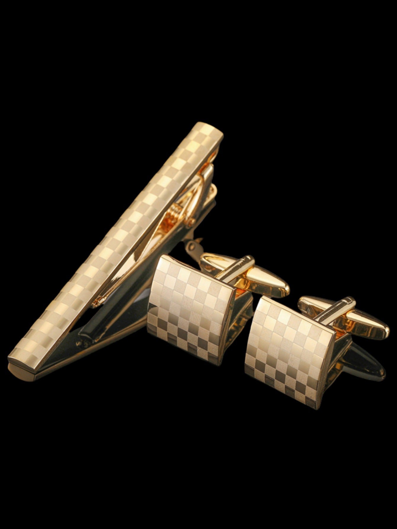 Plaid Tie Clip Cufflinks Set