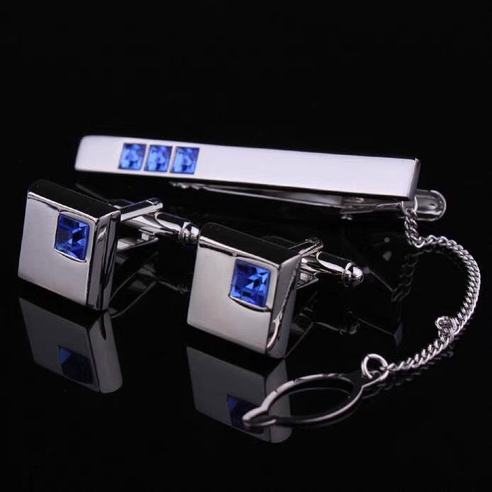 Rhinestone-Encrusted Silver Cufflinks Tie Clip 3 Pieces Set