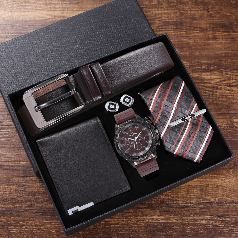 5pcs Set Boutique Belt Wallet Tie Dial Quartz Watch Cufflinks Set