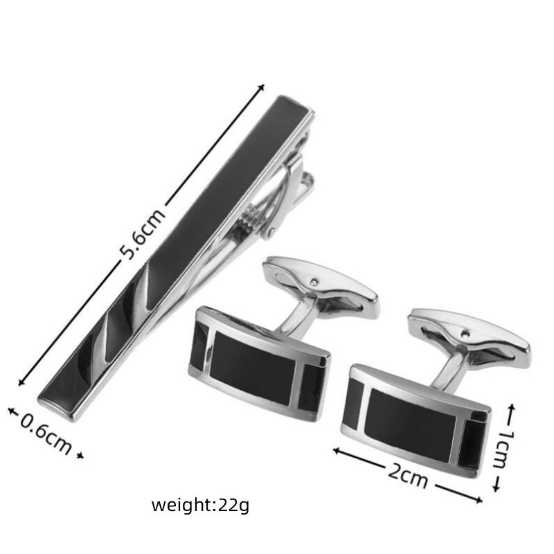 Black Enamel Silver Diagonal Striped Tie Clip Cufflinks Set