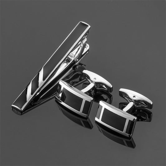 Black Enamel Silver Diagonal Striped Tie Clip Cufflinks Set