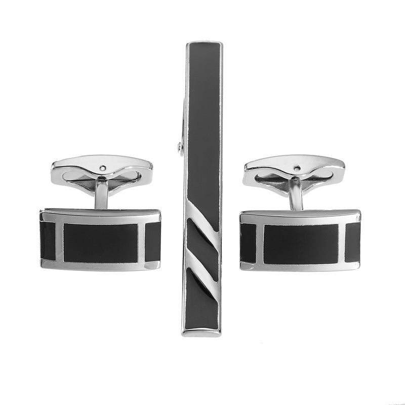 Black Enamel Silver Diagonal Striped Tie Clip Cufflinks Set