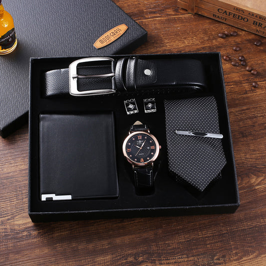5pcs Set Boutique Belt Wallet Tie Dial Quartz Watch Cufflinks Set